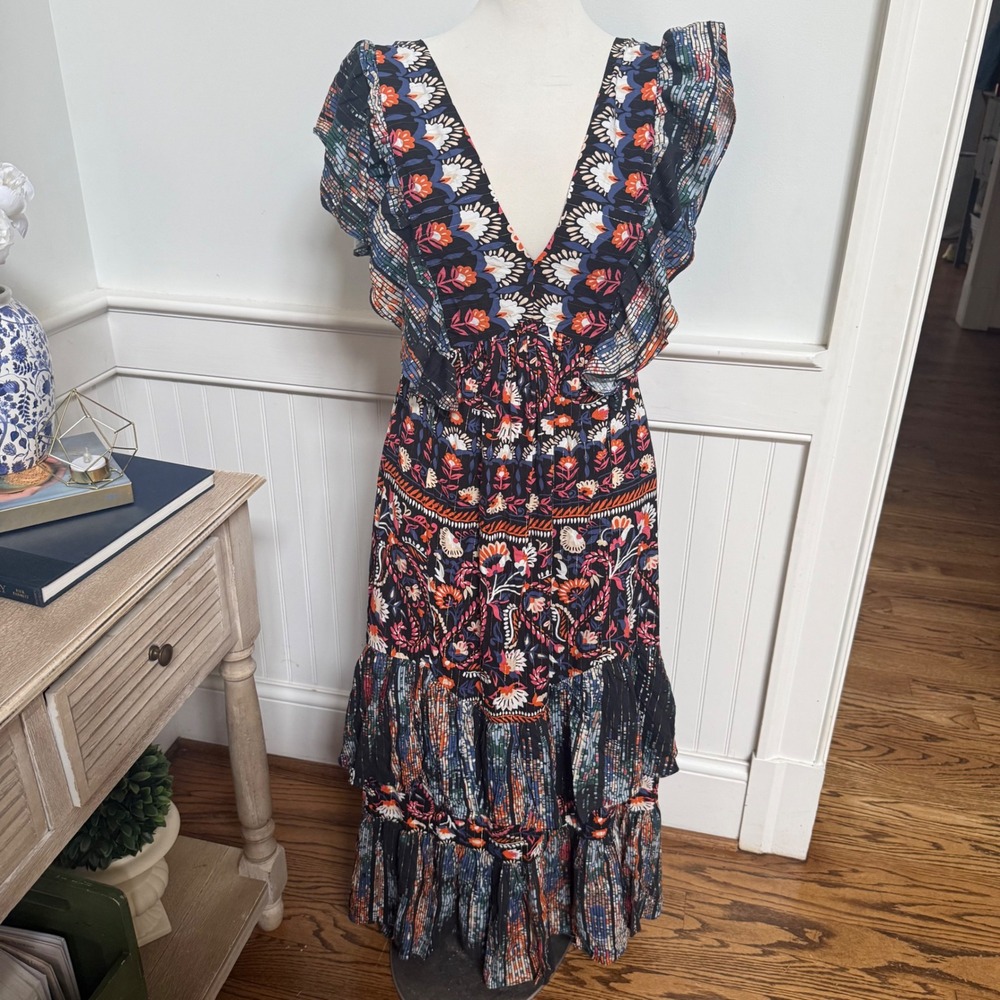 NWT Forever 21 Women Small Floral Metallic Tiered Ruffle Boho Midi Dress